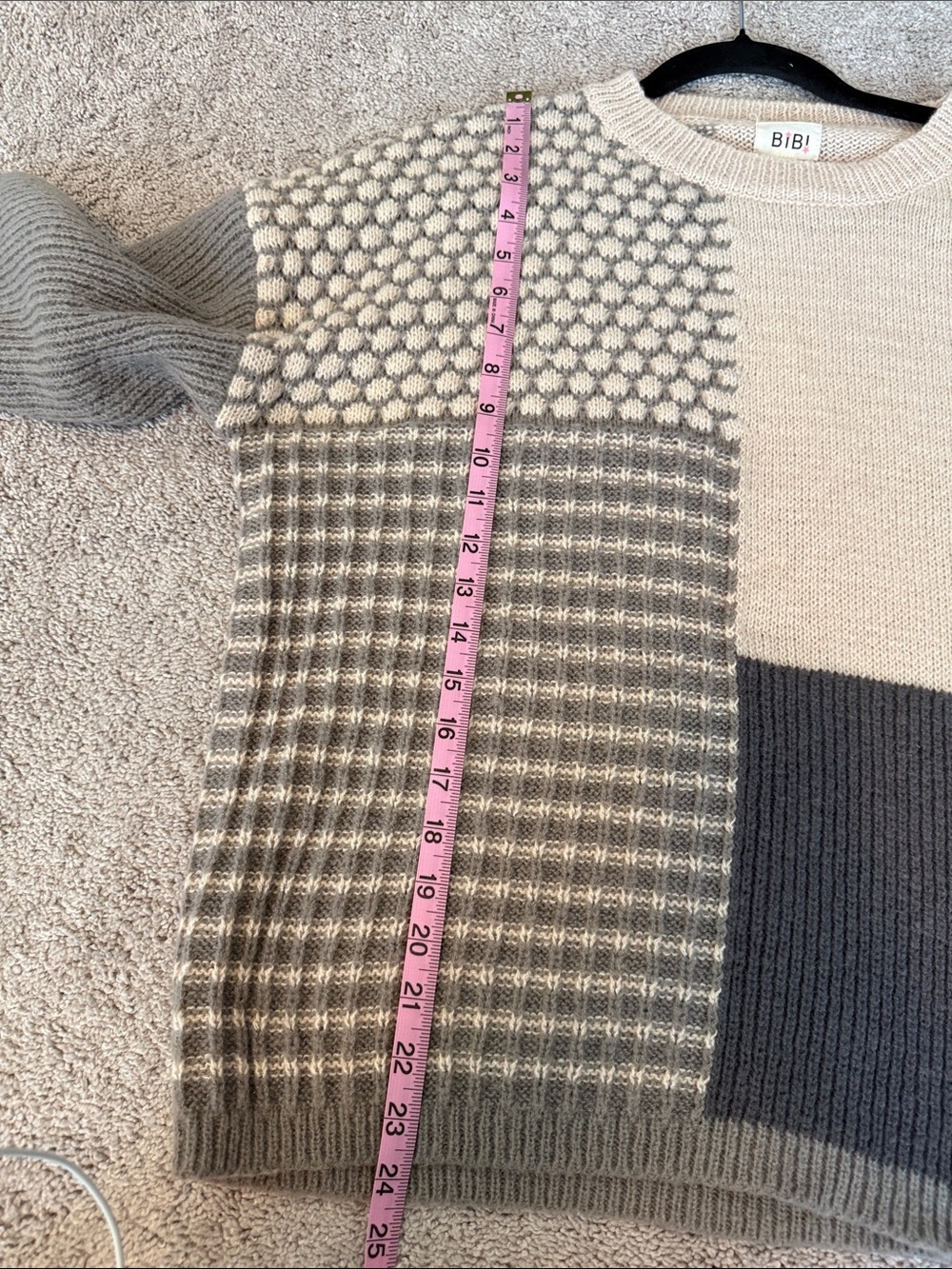 BiBi Patchwork Knit Sweater in Cream and Charcoal colors. - Picture 12 of 13